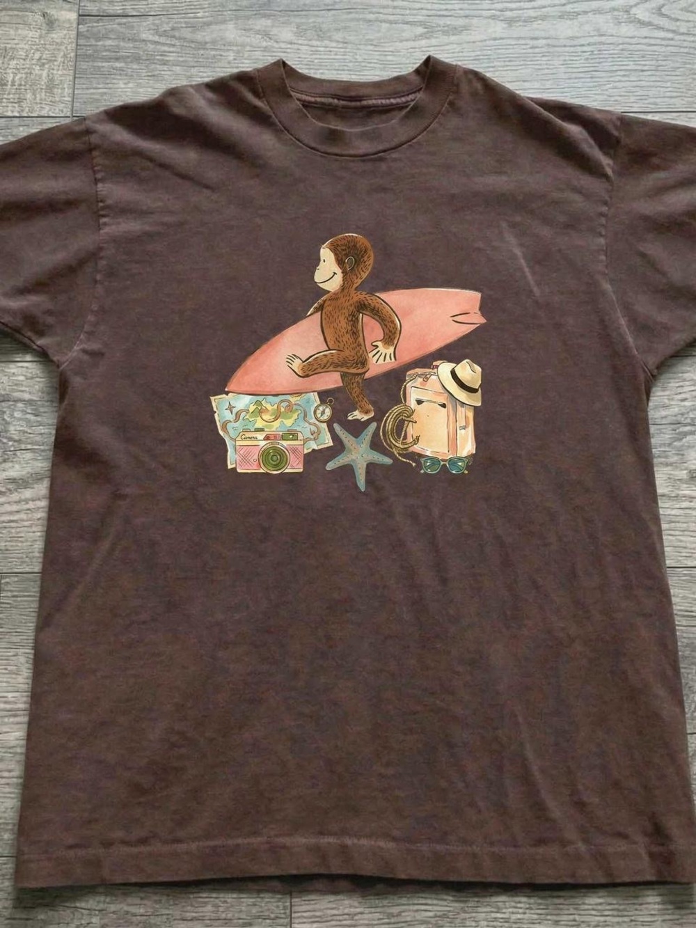 Gildan Dark Chocolate Curious Monkey Surf Graphic Tee